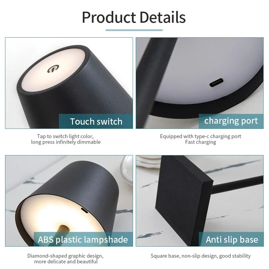 LED Desk Lamp USB Rechargeable Touch 3-Color Night Light